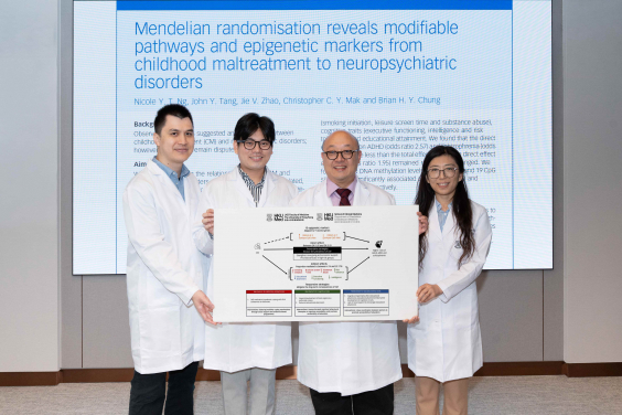 A research team led by Dr Brian Chung Hon-yin (third left) has revealed that individuals who experienced childhood maltreatment face markedly elevated mental health risks.
 